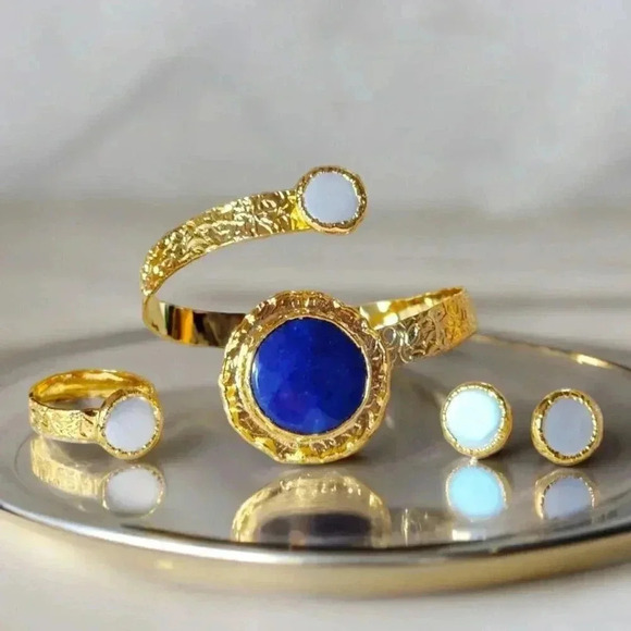 🆕️Handcrafted Turkish 18K Gold Plated Brass Sapphire Jewelry Set - Adjustable - Picture 1 of 8